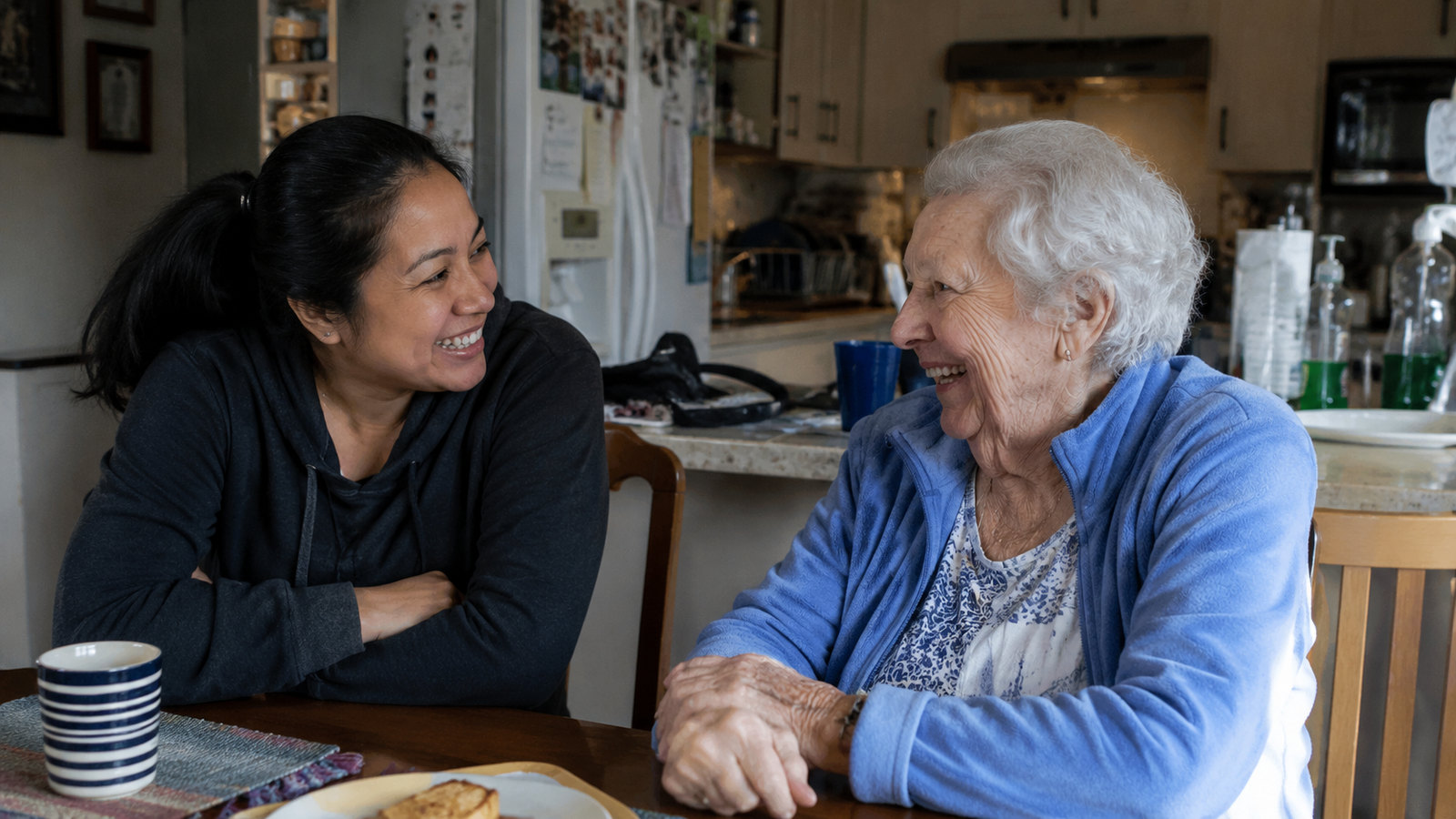 A Personal Support Worker sharing a genuine conversation with an older adult at home