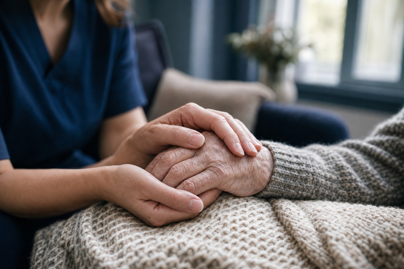 A caregiver's hand gently resting on an elderly client's hand, symbolizing specialized attentive care