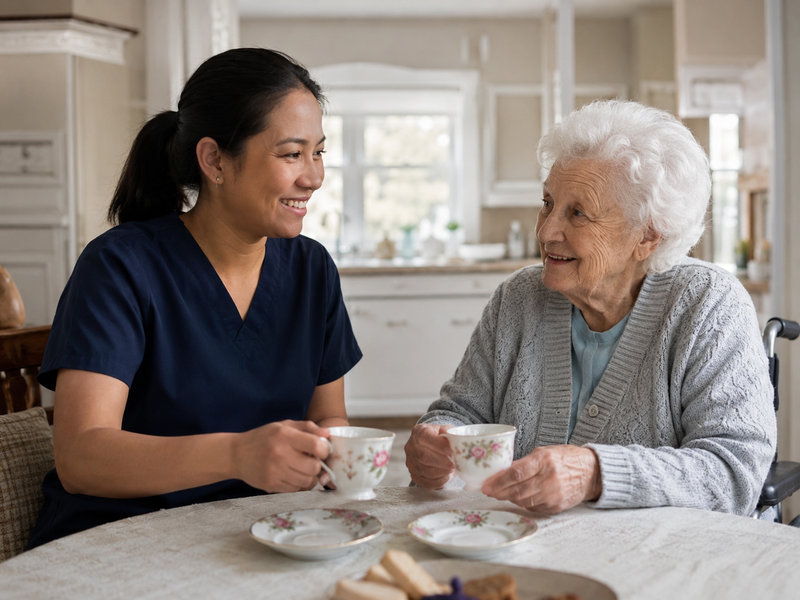 Personal Support Worker sharing tea and conversation with an older adult at home