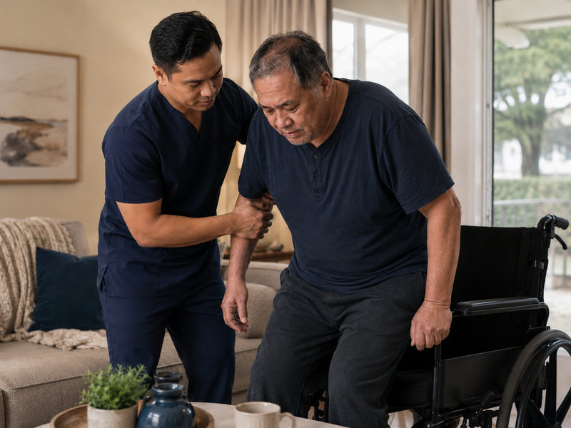 Male Personal Support Worker helping an adult transfer safely from a wheelchair at home
