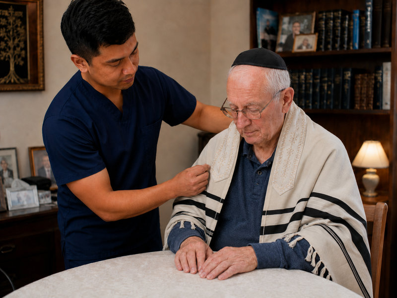Personal Support Worker helping an older Jewish man arrange his tallis for prayer