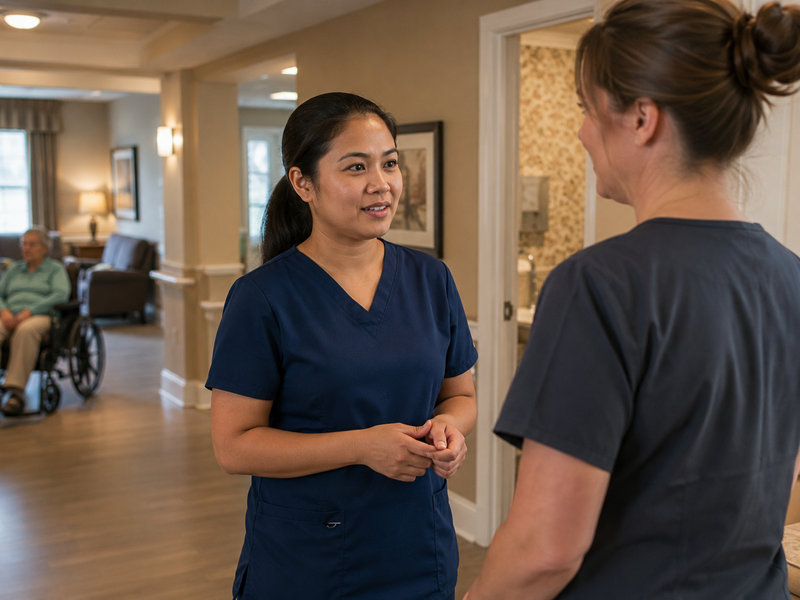 Personal Support Worker speaking with a staff member in a retirement residence hallway