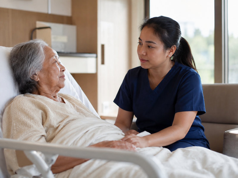 Personal Support Worker sitting attentively beside an older patient in a hospital room