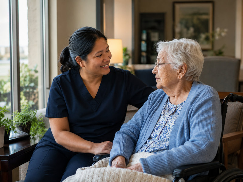Personal Support Worker spending one-to-one time with an older resident in a care facility