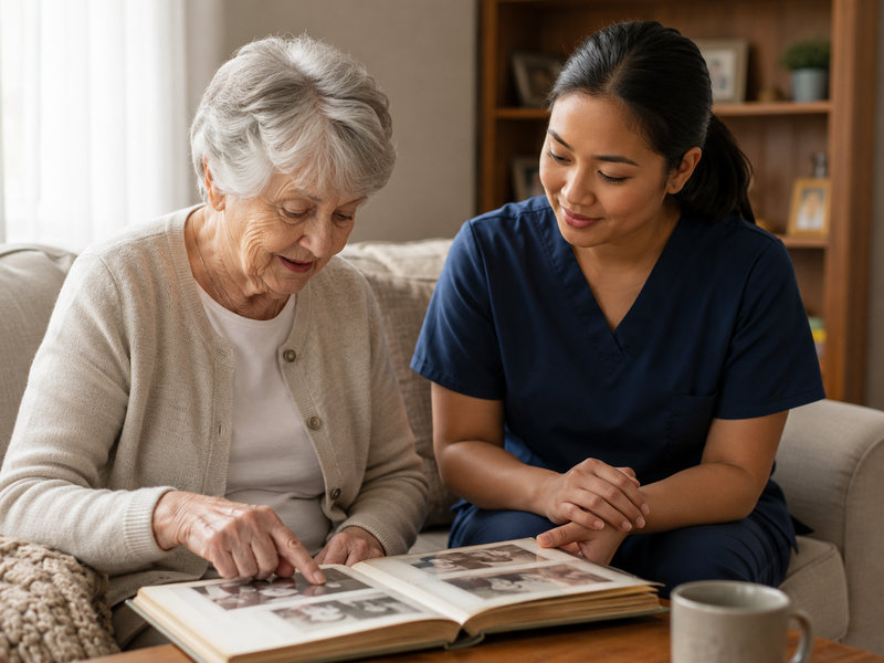 Personal Support Worker looking through a family photo album with an older adult at home