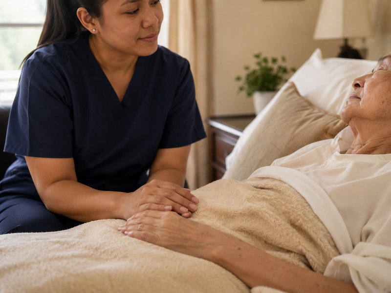 Personal Support Worker providing calm bedside companionship to an older adult at home
