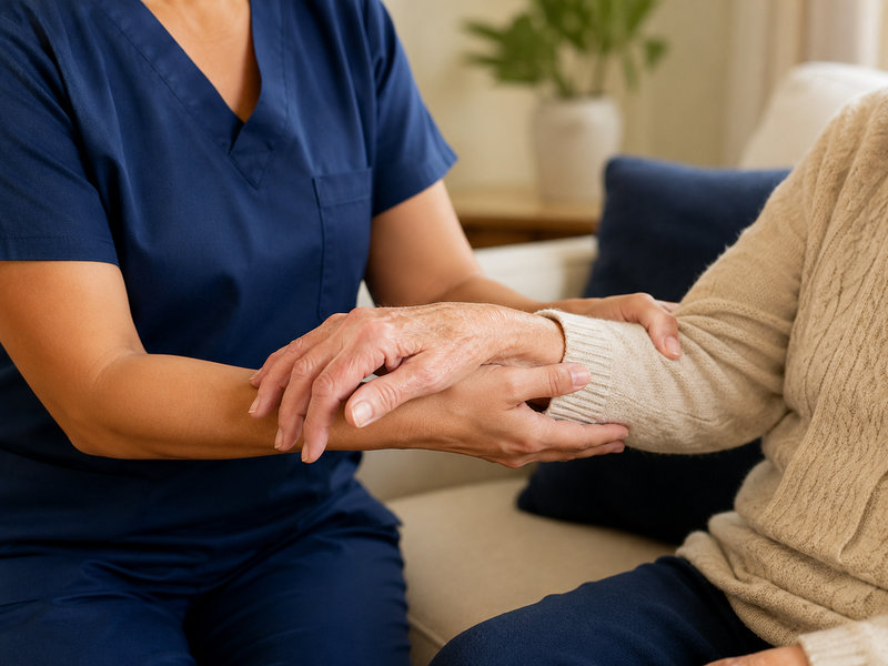 Personal Support Worker gently supporting an older adult's hands during personal care at home