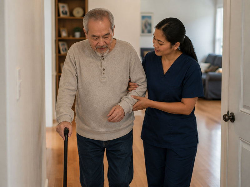 Personal Support Worker helping an older adult walk safely with a cane at home